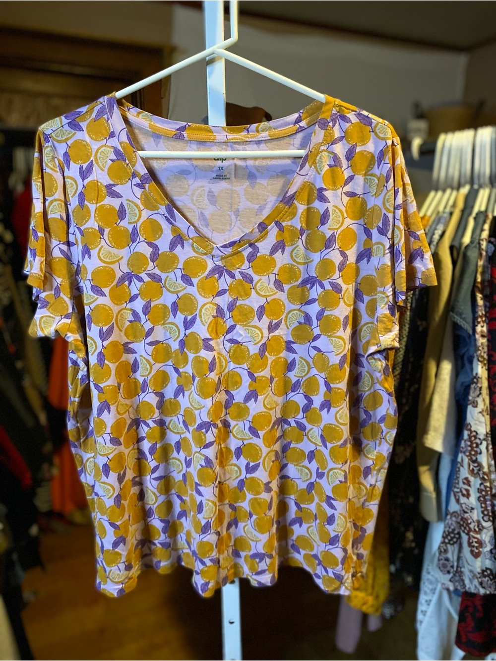 dip Yellow & Purple V-Neck Short Sleeve Tee with Citrus Print - Oranges